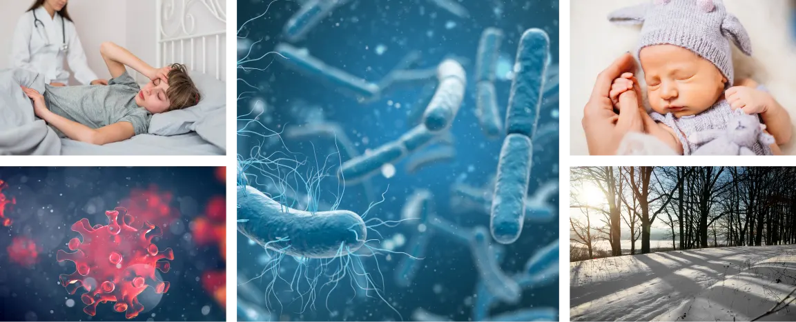 Una mirada a las enfermedades infecciosas en la infancia 3 Imagenes de niña enferma en cama, virus en el aire, bacterias, bebé recién nacido, árboles en invierno.