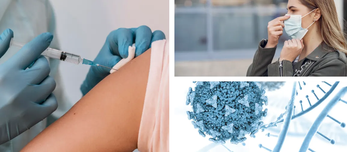 Una mirada a las enfermedades infecciosas en la infancia 7 Imágenes de persona vacunándose, mujer con barbijo, virus y bacterias