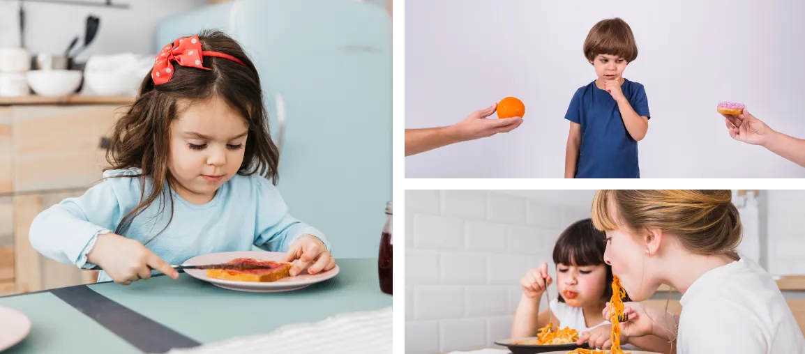 Terapia de alimentación en niños o feeding therapy 3 Imagen 1: Niña alimentandose Imagen 2: Niño eligiendo un alimento Imagen 3: Niños comiendo