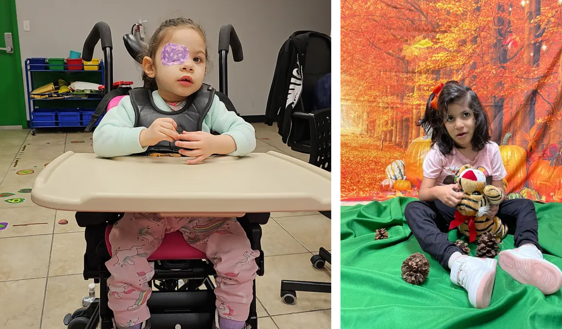 ¿Cómo califica un niño o adolescente para PPEC en Florida? 3 Imagen 1: Niña con un parche en el ojo en silla de ruedas en el centro PPEC. Imagen2: Niña con diagnóstico médico complejo que califica en el PPEC.