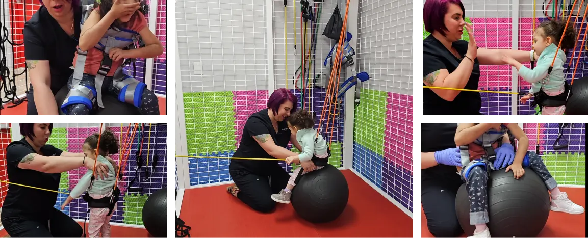 Collage donde la terapeuta ayuda a un niño en su terapia física dentro de la udidad de ejercicio universal.