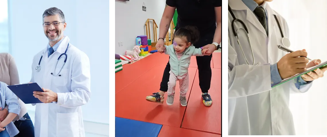 ¿Cómo califica un niño o adolescente para PPEC en Florida? 4 Imagen 1: Médico diagnosticando al niño. Imagen 2: Niña con terapeuta en el PPEC. Imagen 3: Medico autorizando el ingreso al PPEC.